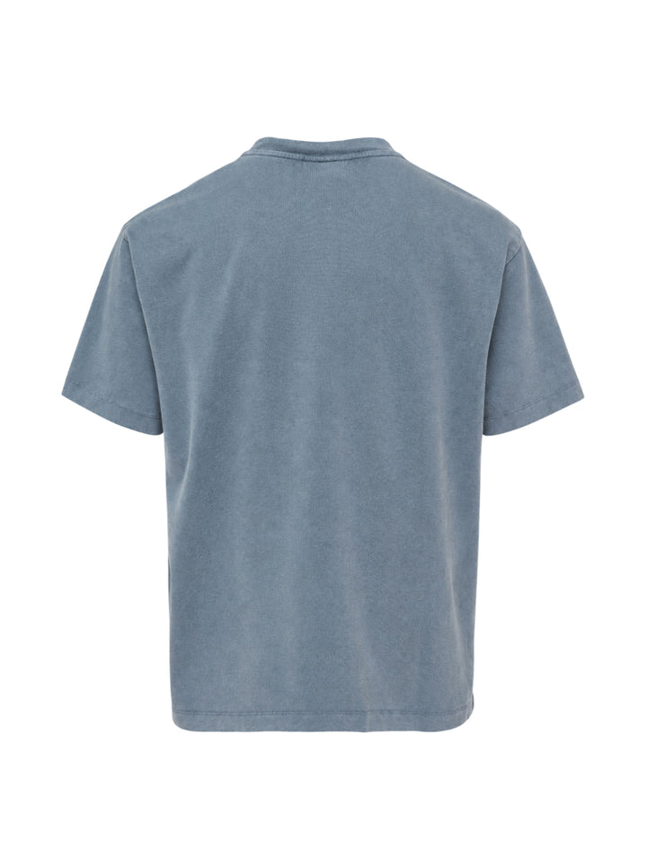Drôle de Monsieur Classic Slogan Tee in washed slate blue with 'Not From Paris Madame' chest print, relaxed boxy fit, short sleeves, and ribbed crew neck - view 2