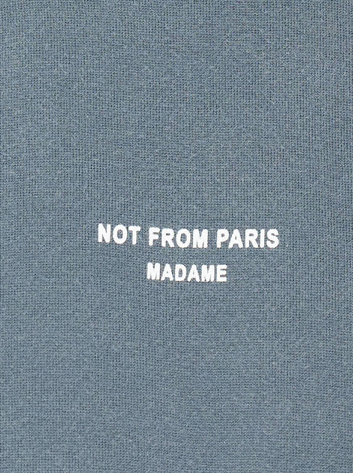 Drôle de Monsieur Classic Slogan Tee in washed slate blue with 'Not From Paris Madame' chest print, relaxed boxy fit, short sleeves, and ribbed crew neck - view 3