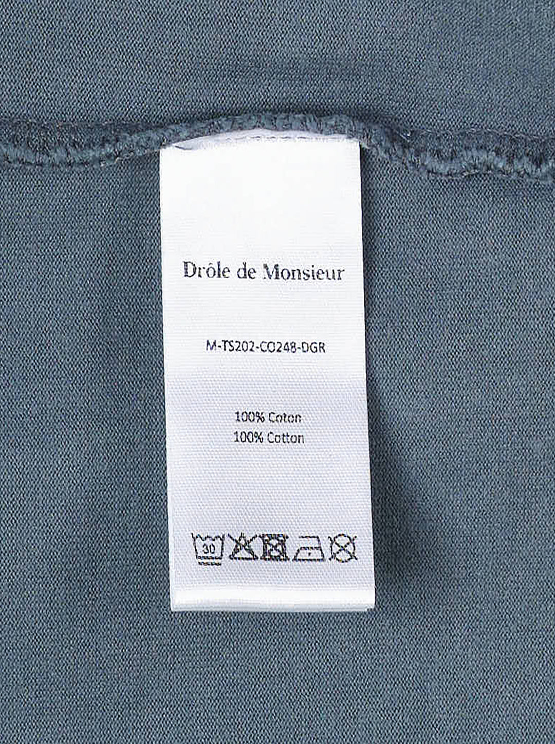 Drôle de Monsieur Classic Slogan Tee in washed slate blue with 'Not From Paris Madame' chest print, relaxed boxy fit, short sleeves, and ribbed crew neck - view 4