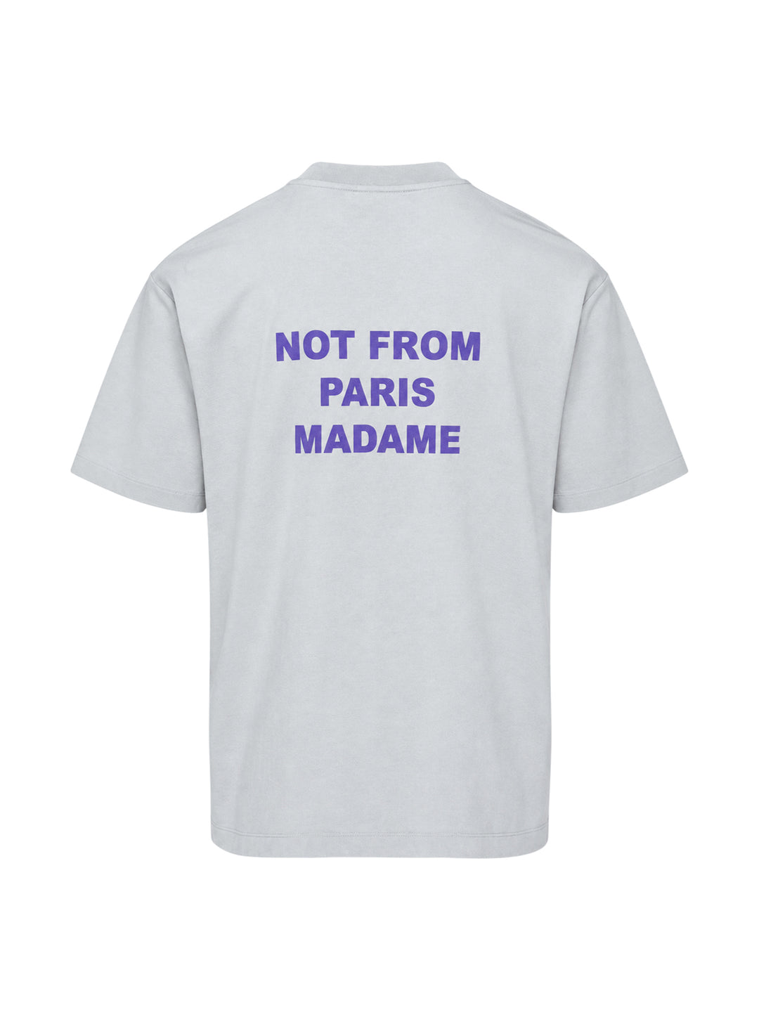 Drôle de Monsieur Not From Paris Madame pale grey oversized cotton tee with purple slogan print on the chest - view 2