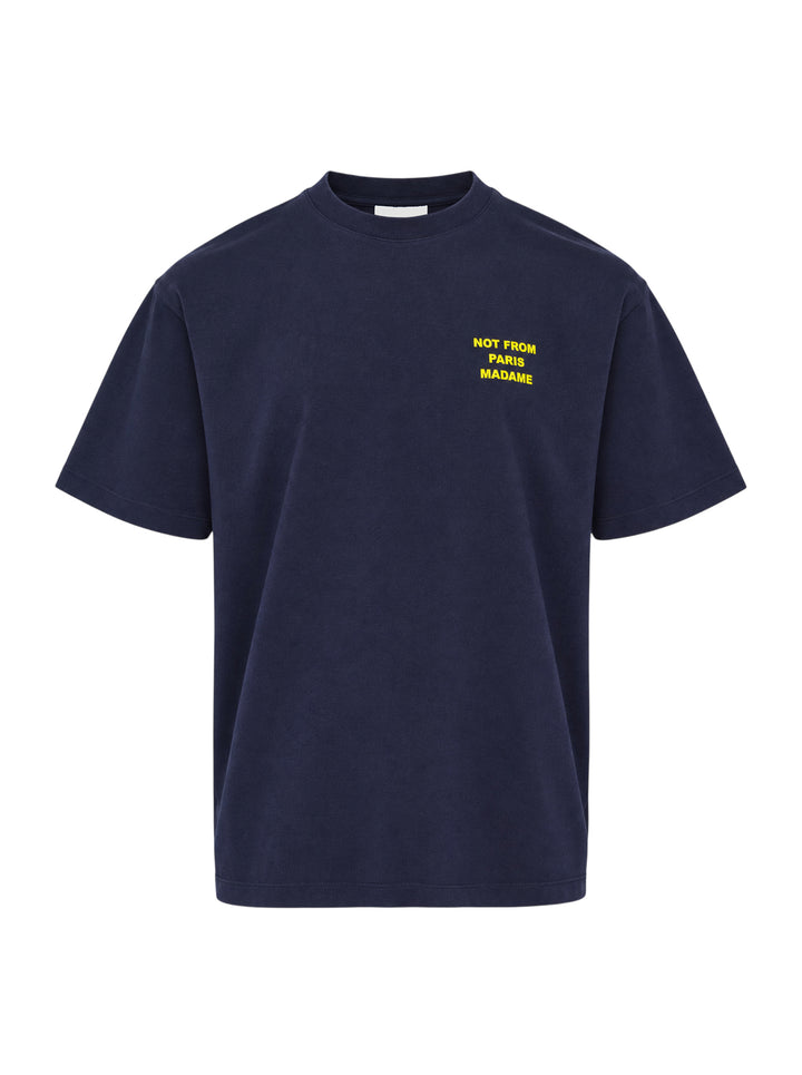 Drôle de Monsieur Not From Paris Madame navy short sleeve oversized tee with yellow slogan print on the chest