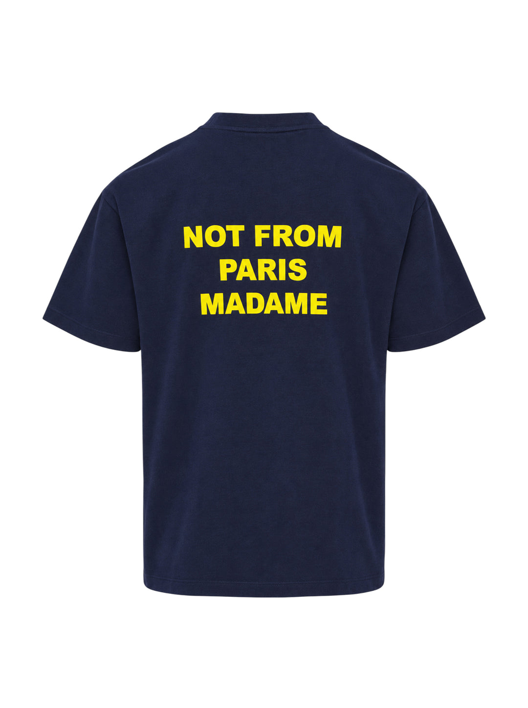 Drôle de Monsieur Not From Paris Madame navy short sleeve oversized tee with yellow slogan print on the chest - view 2