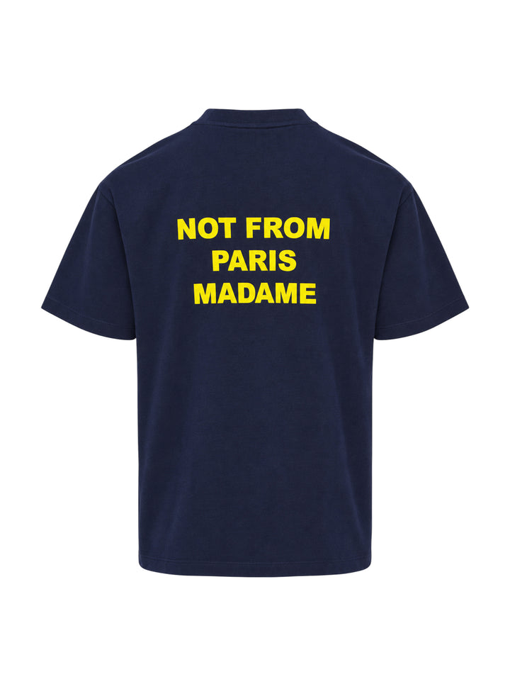 Drôle de Monsieur Not From Paris Madame navy short sleeve oversized tee with yellow slogan print on the chest - view 2