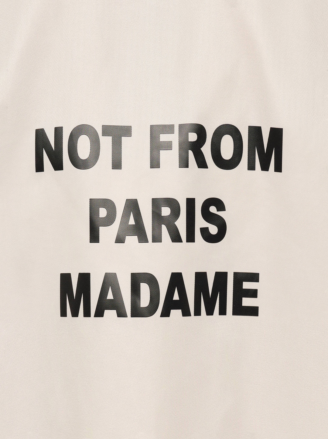 Drôle de Monsieur Not From Paris Madame slogan coach jacket in ecru with snap-button closure, point collar, elasticated cuffs, and embroidered chest slogan - view 4