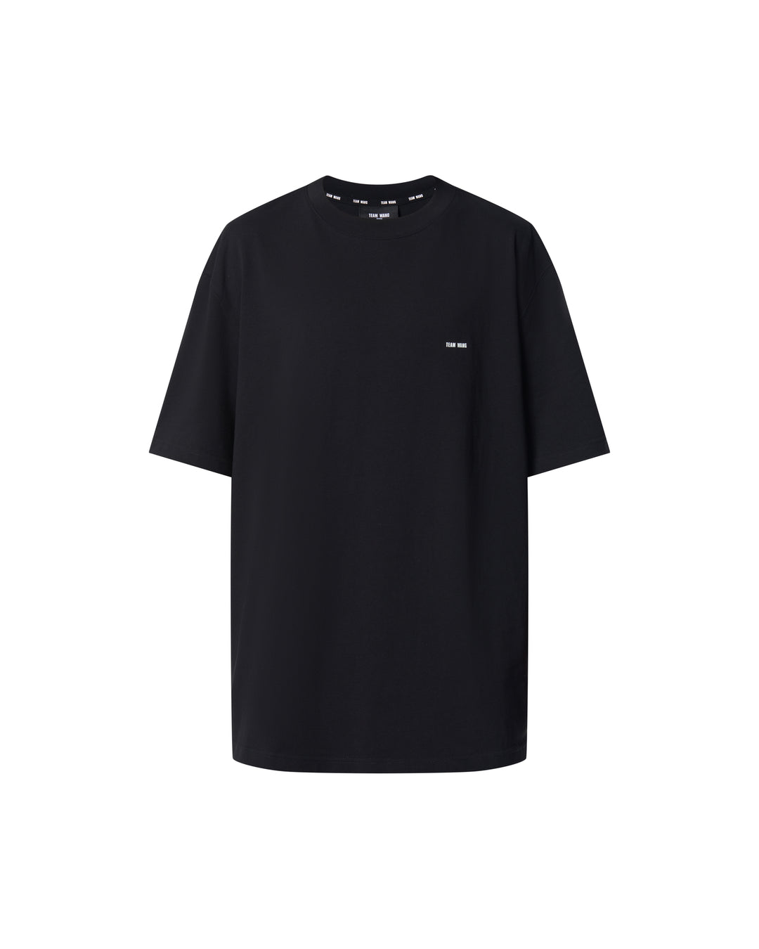 TEAM WANG design The Original 1 Tee in black — oversized silhouette with branded collar tape and miniature chest logo, front view on white background