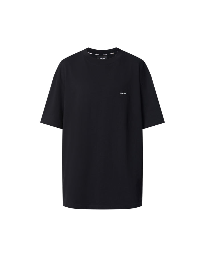 TEAM WANG design The Original 1 Tee in black — oversized silhouette with branded collar tape and miniature chest logo, front view on white background