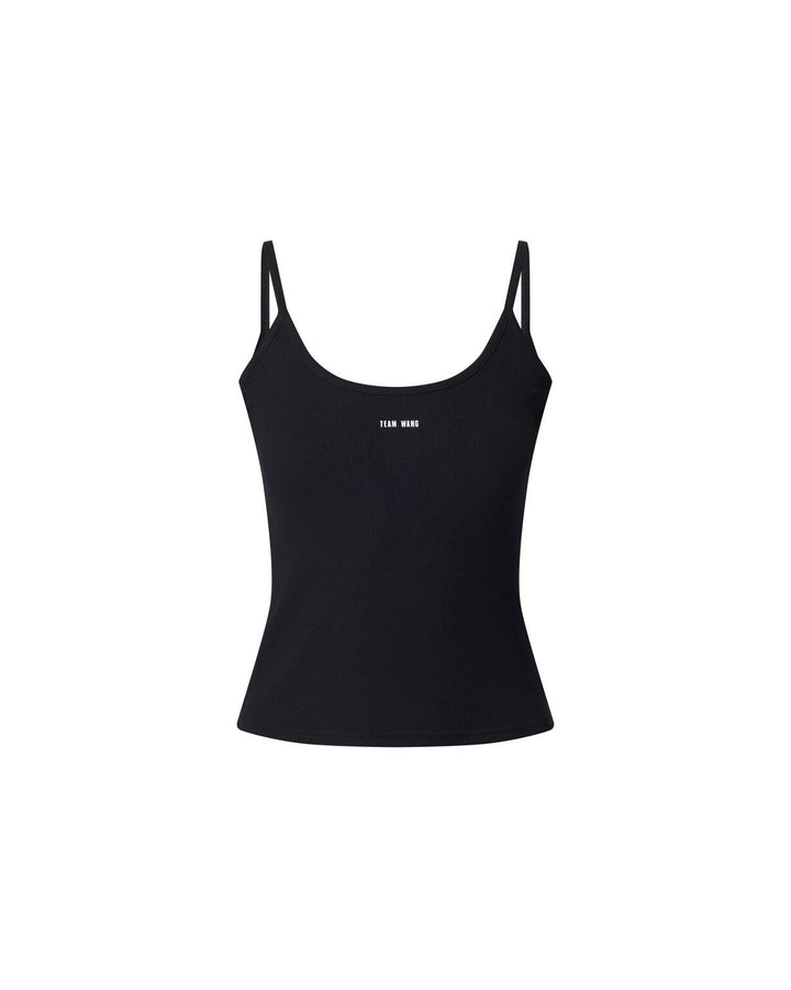 TEAM WANG design The Original 1 Camisole in black — front view of a fitted ribbed sleeveless tank with spaghetti straps and a scoop neckline, featuring a small TEAM WANG design logo at the centre chest