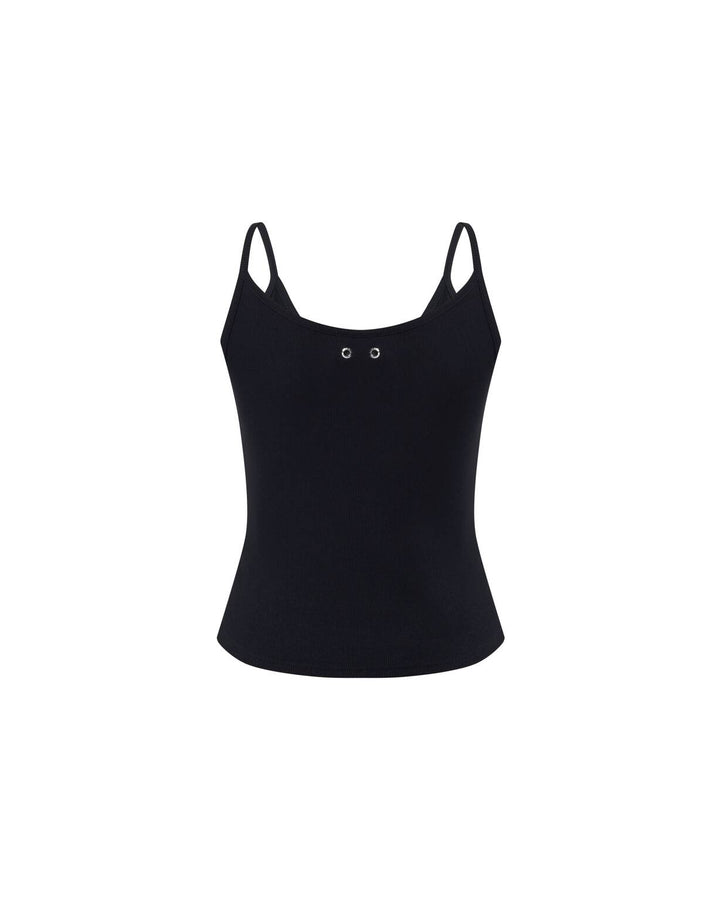 TEAM WANG design The Original 1 Camisole in black — front view of a fitted ribbed sleeveless tank with spaghetti straps and a scoop neckline, featuring a small TEAM WANG design logo at the centre chest - view 2