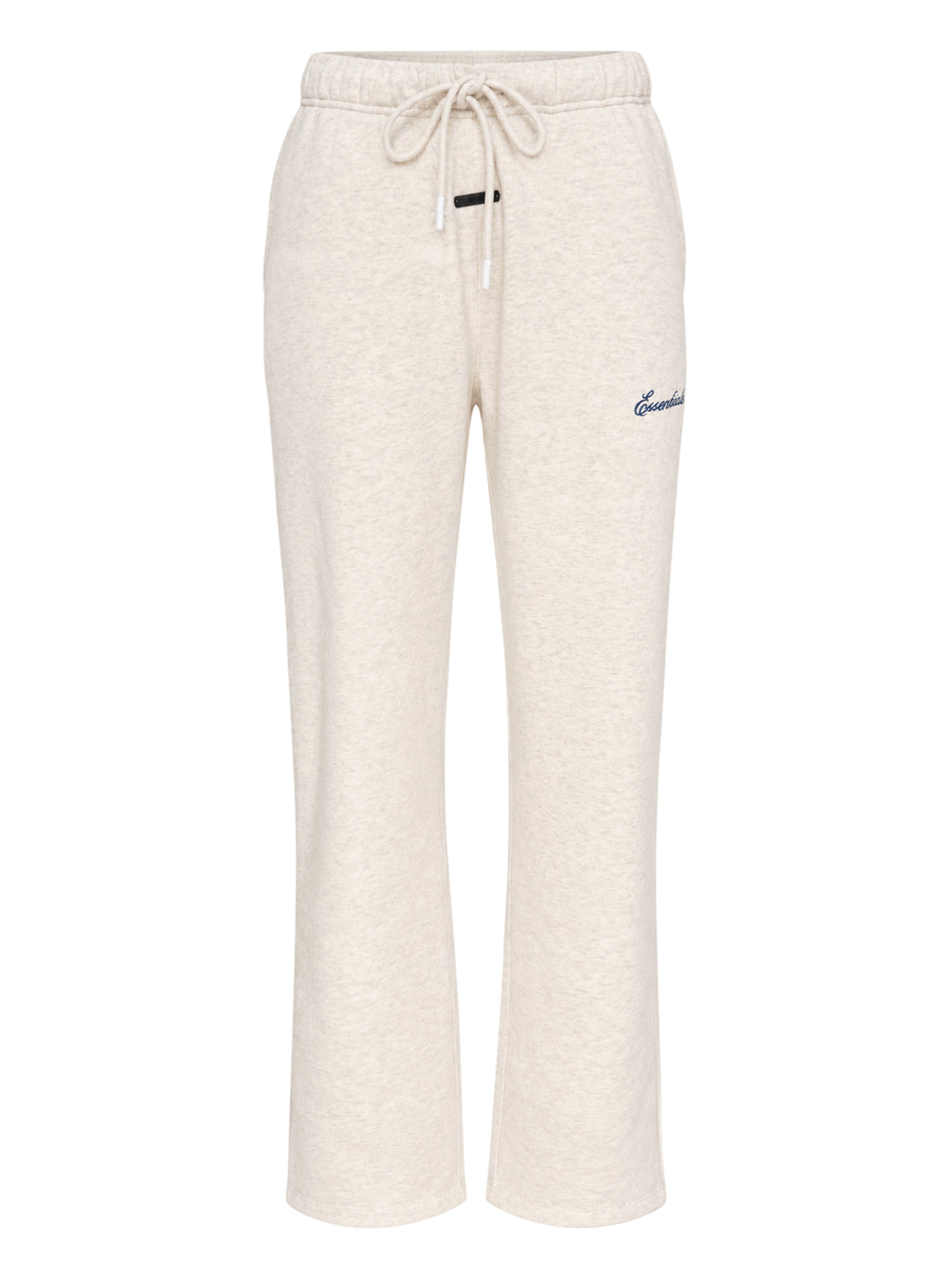 Fear of God ESSENTIALS women's slim sweatpants in heathered oat with drawcord waist, black logo tab and navy embroidered script logo