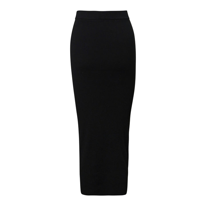 Fear of God Essentials black rib knit long midi skirt with wide elasticated waistband and tonal rubber logo tab, flat lay on white background - view 2