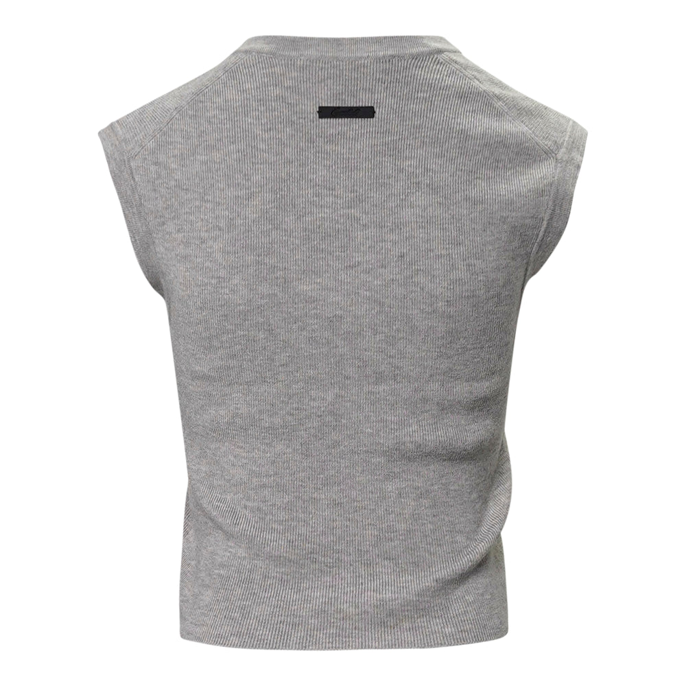 Fear of God Essentials women's heather grey fine rib-knit sleeveless cropped top with a V-neckline and structured shoulders, displayed flat on a white background - view 2