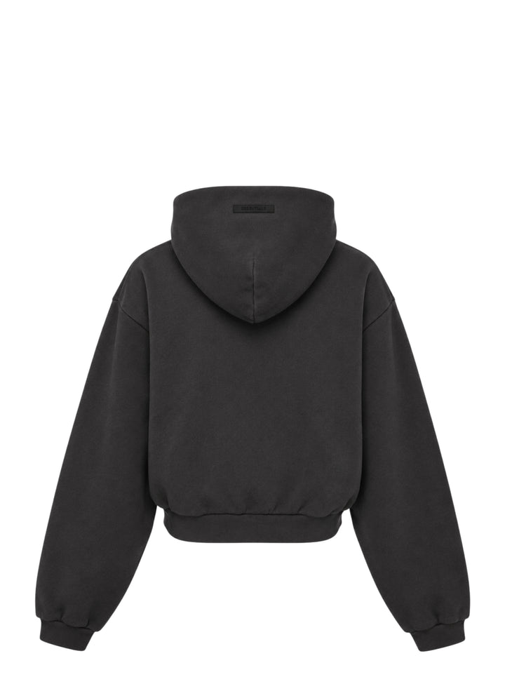Fear of God Essentials women's modern cropped zip hoodie in washed black with embroidered script Essentials logo on the chest and front hand pockets - view 2