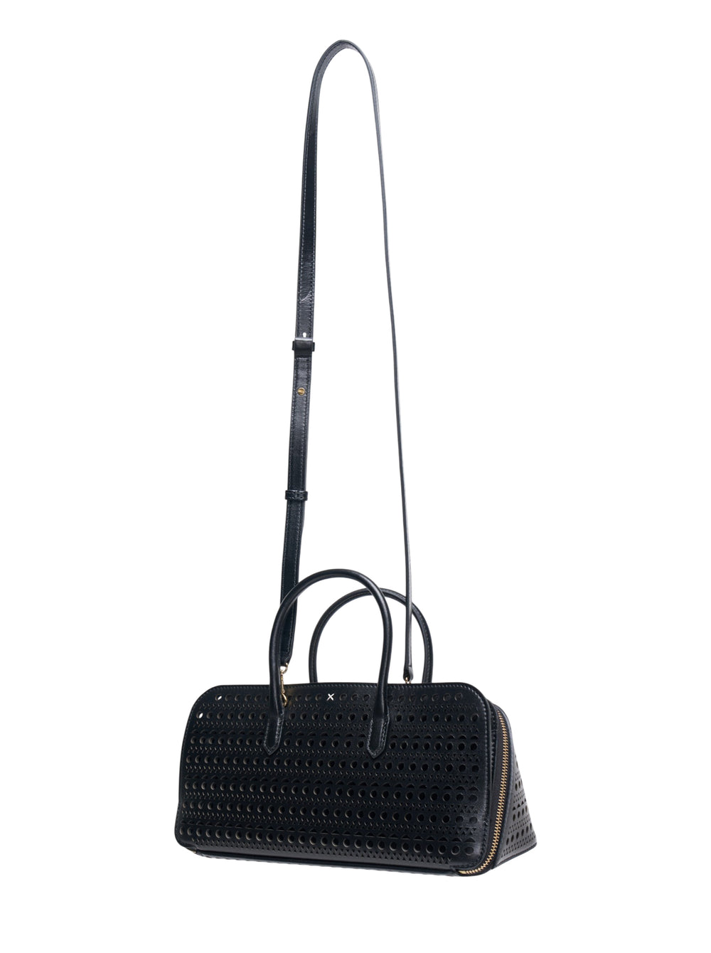 Alaïa Delta S top handle bag in black perforated leather with circular and triangular cutout pattern, dual rolled handles, gold-tone zip closure, and a long adjustable crossbody strap, shown on a white background - view 2