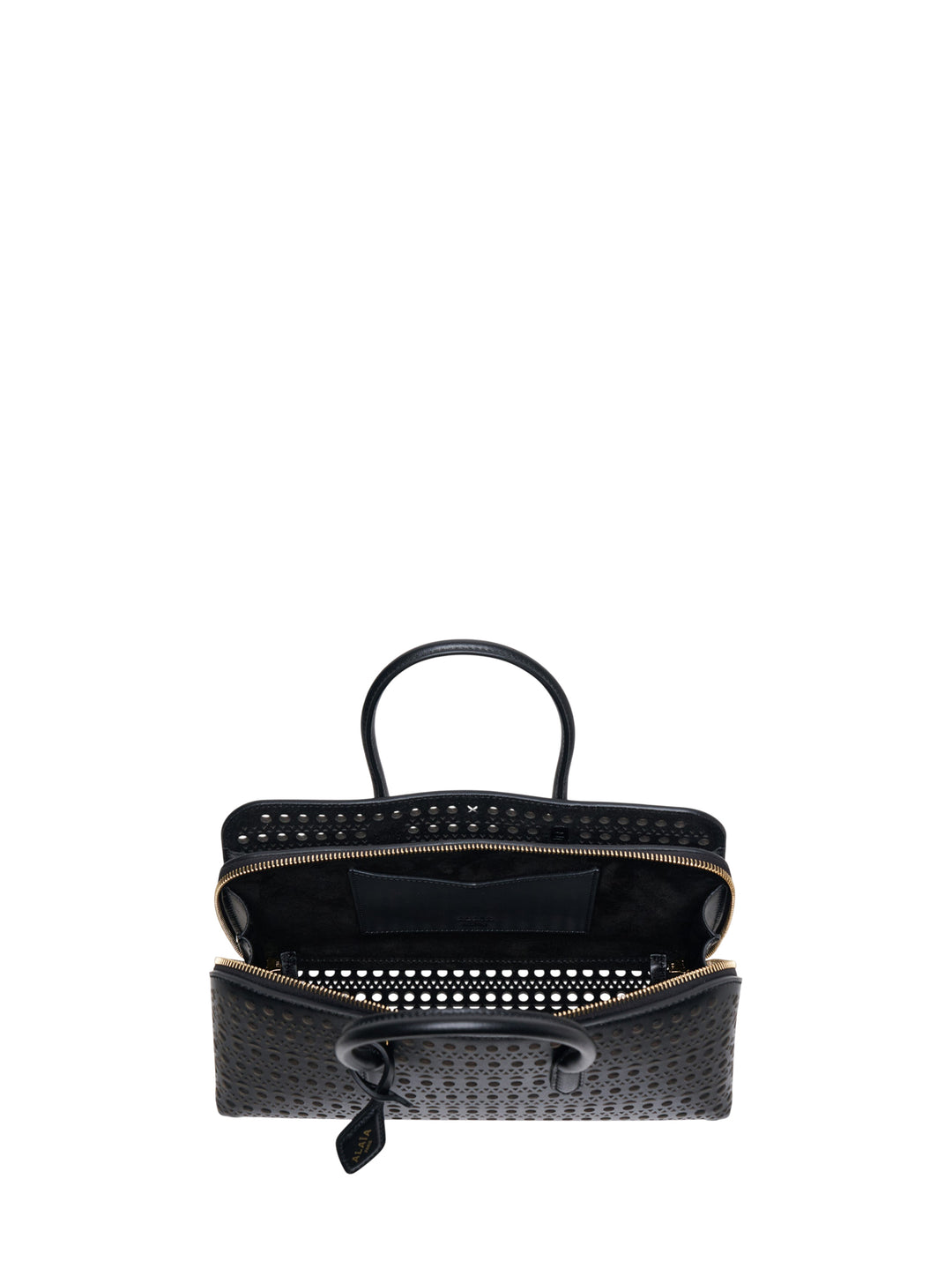 Alaïa Delta S top handle bag in black perforated leather with circular and triangular cutout pattern, dual rolled handles, gold-tone zip closure, and a long adjustable crossbody strap, shown on a white background - view 3