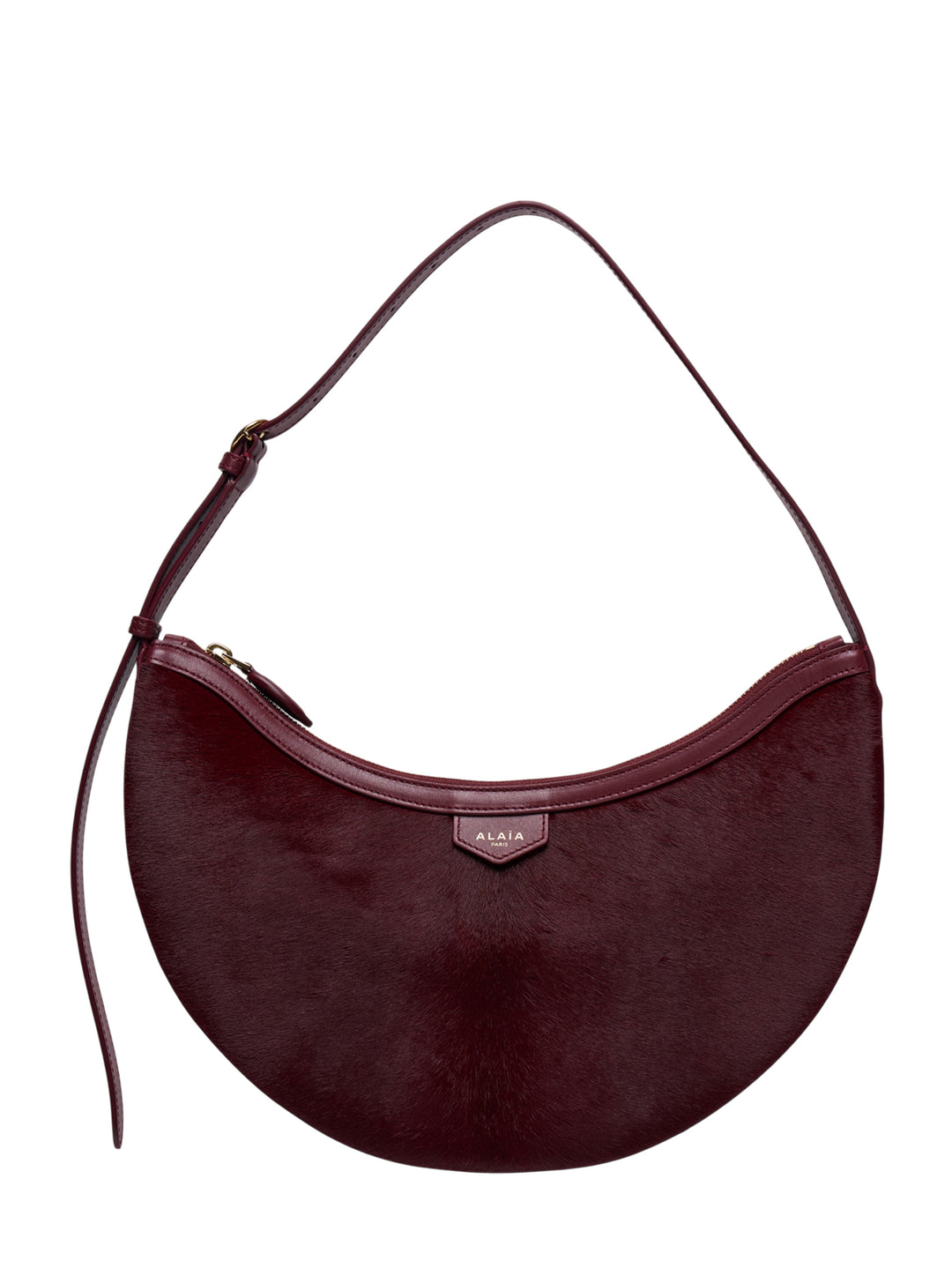 Alaïa Demi Lune haircalf crescent shoulder bag in deep burgundy with smooth leather trim and gold-tone zip closure