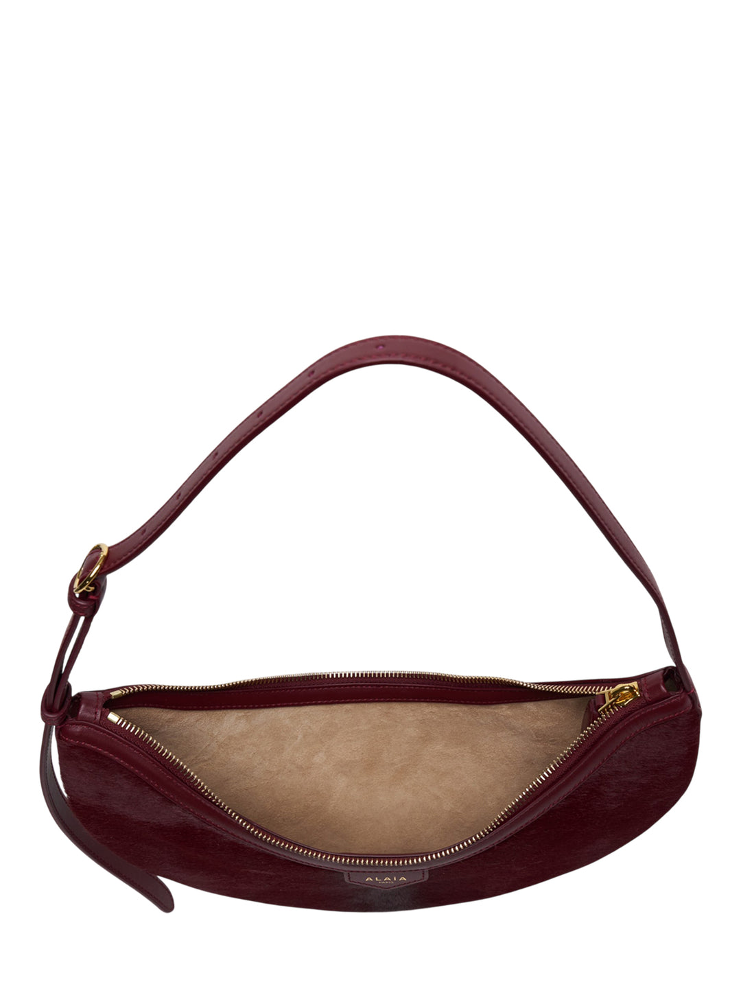 Alaïa Demi Lune haircalf crescent shoulder bag in deep burgundy with smooth leather trim and gold-tone zip closure - view 3
