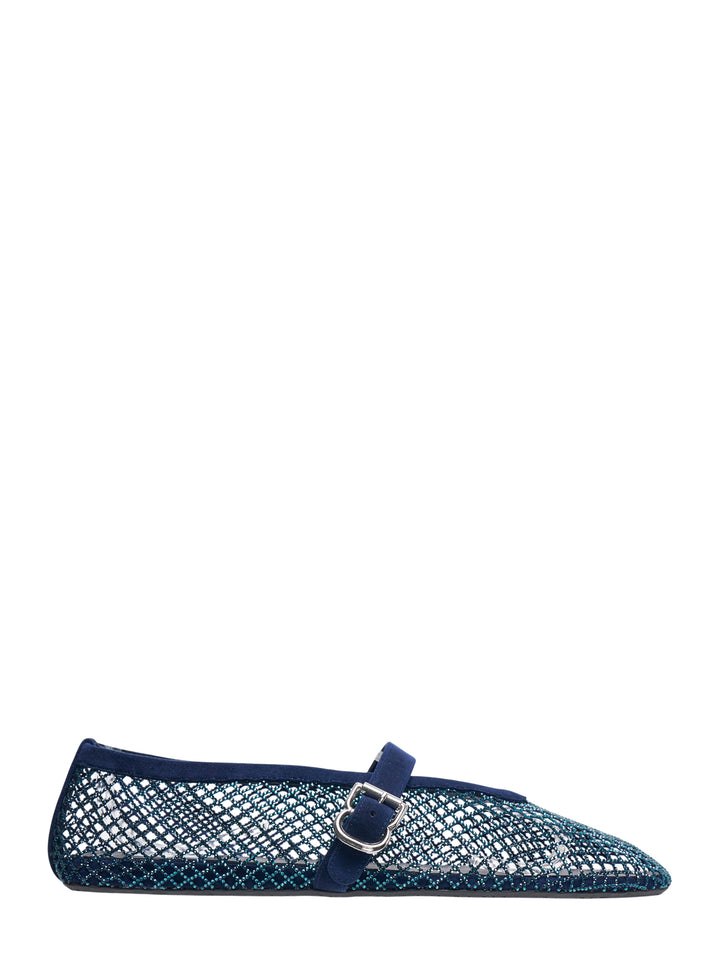 Alaïa La Ballerine flat in blue crystal-embellished fishnet mesh with a suede Mary Jane strap and silver-tone buckle, pointed toe silhouette, side profile view