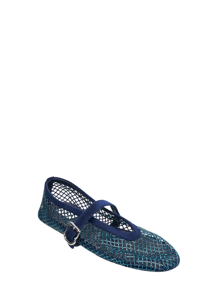 Alaïa La Ballerine flat in blue crystal-embellished fishnet mesh with a suede Mary Jane strap and silver-tone buckle, pointed toe silhouette, side profile view - view 2