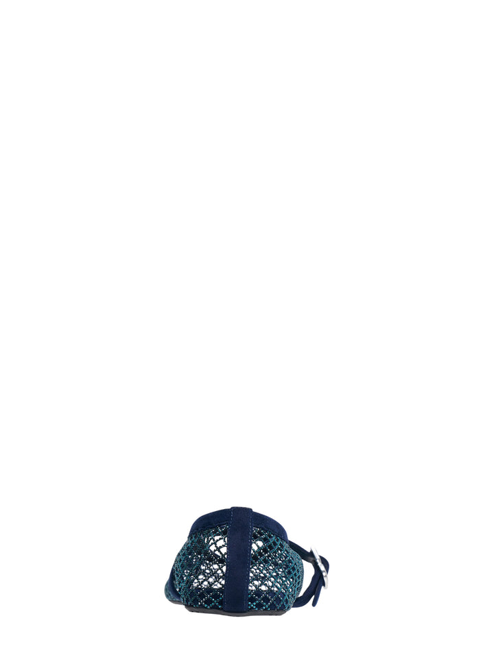Alaïa La Ballerine flat in blue crystal-embellished fishnet mesh with a suede Mary Jane strap and silver-tone buckle, pointed toe silhouette, side profile view - view 3