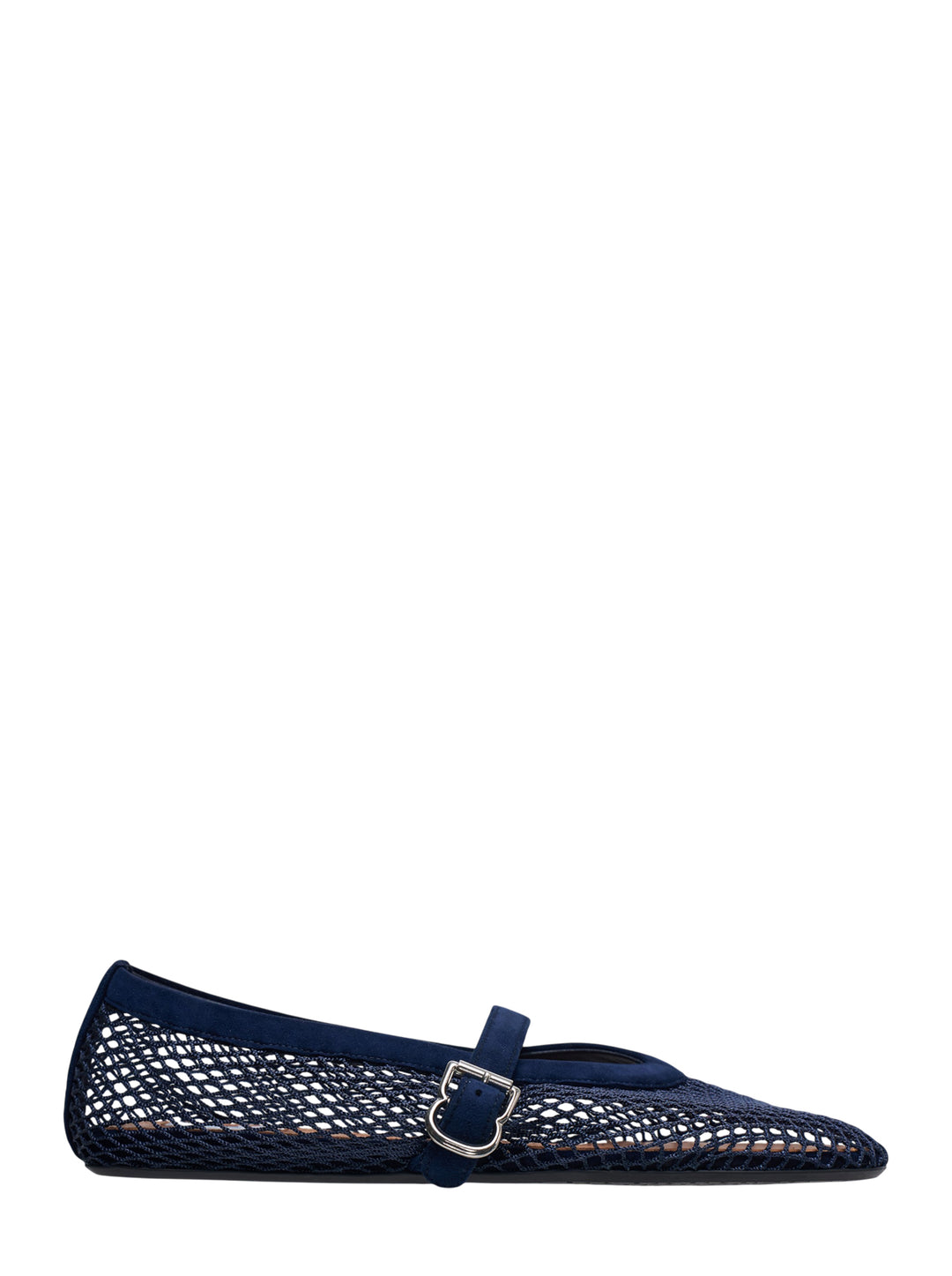 Alaïa navy fishnet Mary Jane flat with suede D-ring buckle strap and square toe, side view