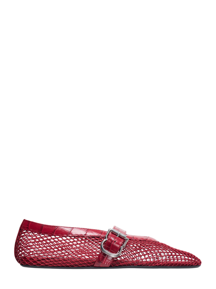Alaïa La Ballerine flat shoe in red fishnet mesh with croc-embossed leather trim and silver buckle strap, pointed toe silhouette, side view