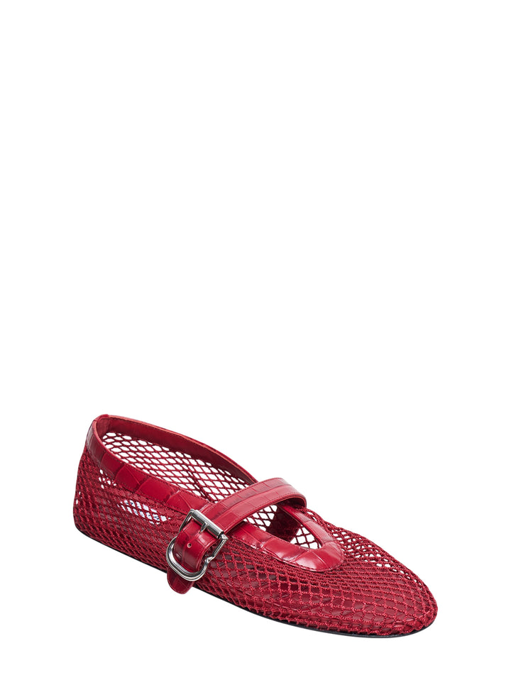 Alaïa La Ballerine flat shoe in red fishnet mesh with croc-embossed leather trim and silver buckle strap, pointed toe silhouette, side view - view 2