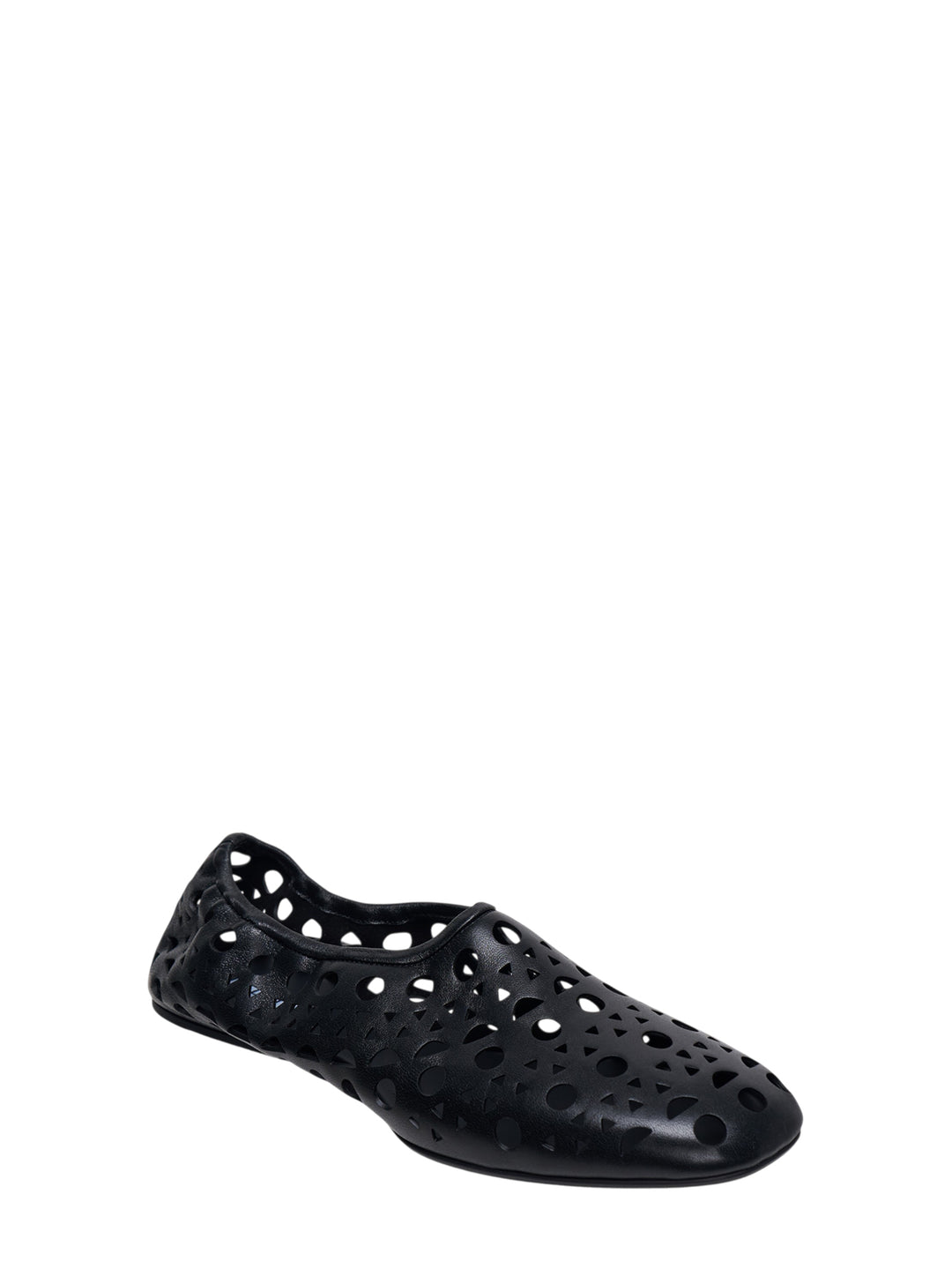 Alaïa Neo Vienne black nappa lambskin flat shoe with all-over laser-cut perforations and a rounded square toe, shown in profile view - view 2
