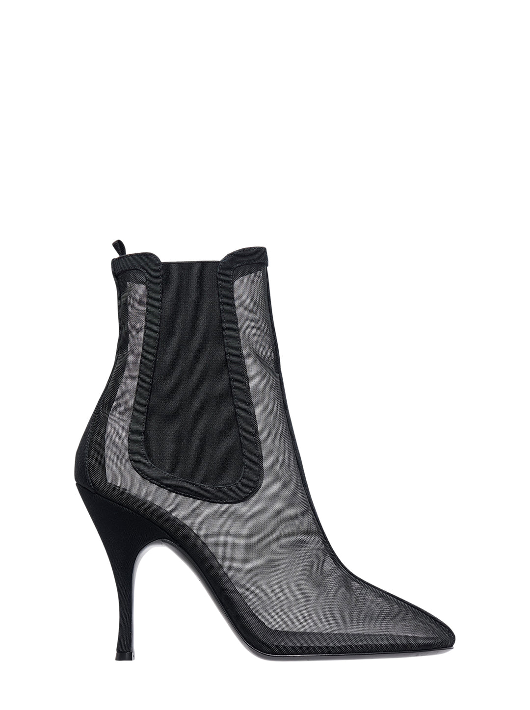 Black sheer tulle ankle Chelsea boots with elasticated side panel, pointed toe and curved stiletto heel