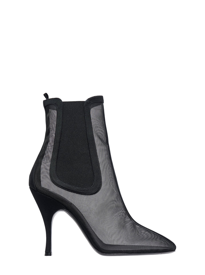 Black sheer tulle ankle Chelsea boots with elasticated side panel, pointed toe and curved stiletto heel