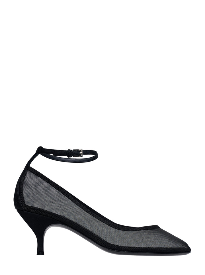 Alaïa black tulle and grosgrain kitten heel pump with adjustable ankle strap, pointed toe, and approx. 60mm heel, shown in profile on white background