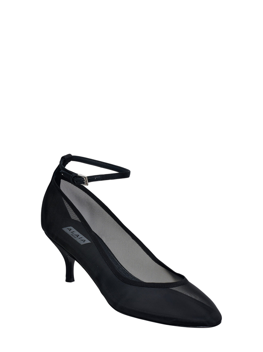 Alaïa black tulle and grosgrain kitten heel pump with adjustable ankle strap, pointed toe, and approx. 60mm heel, shown in profile on white background - view 2