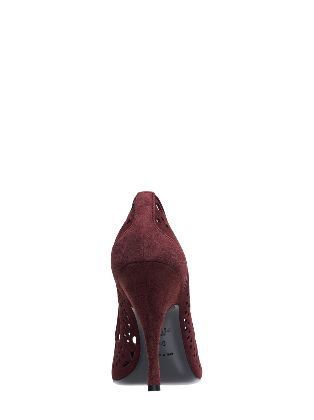 Alaïa Vienne Suede Pumps 100 in deep burgundy with laser-cut circle and triangle perforations across the upper, pointed toe, and a slender 100mm stiletto heel, side profile view - view 3