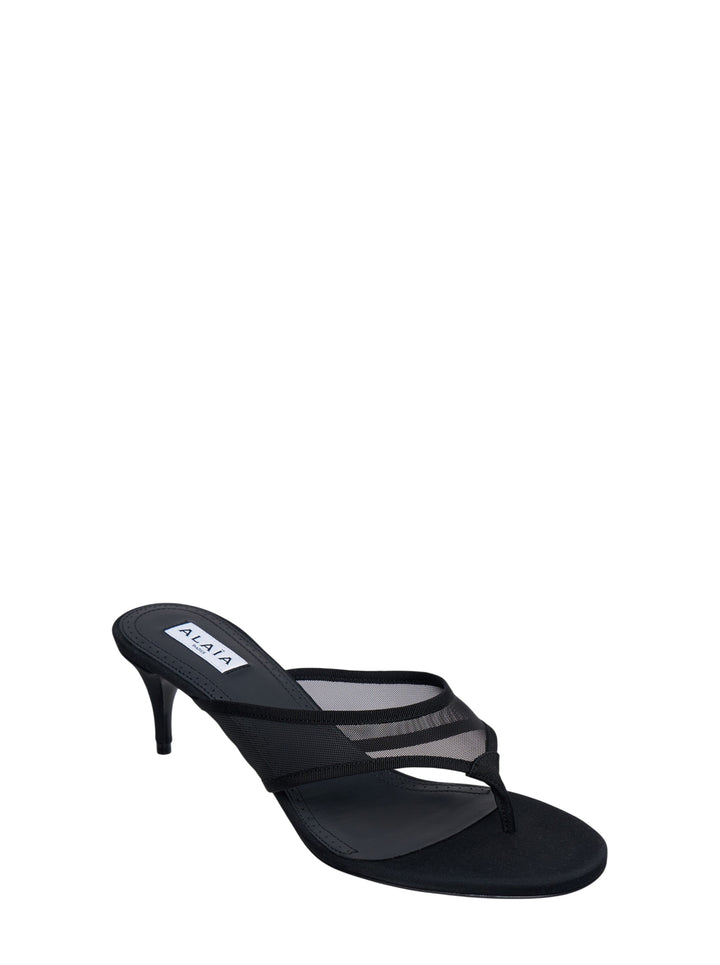 Alaïa Infra 55 black tulle and grosgrain thong sandal with a sculpted kitten heel and square toe, side profile view - view 2