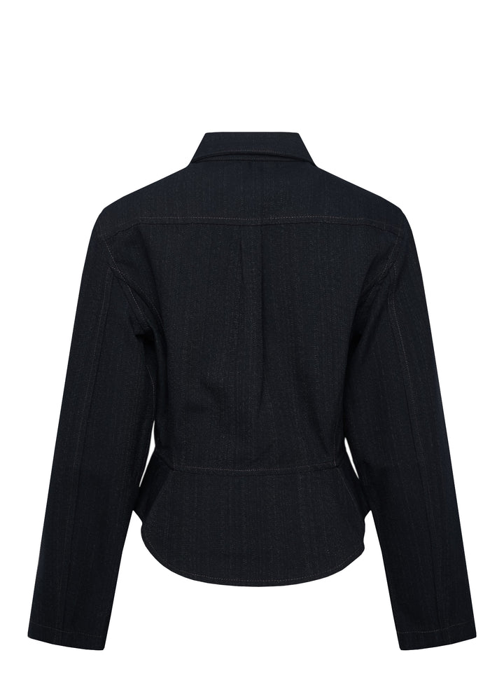 Alaïa Basque Shirt Wool Denim jacket in dark indigo, featuring a point collar, concealed button-front placket, structured basque waist seam, tonal contrast stitching, and a cropped curved hem — front view on white background - view 2