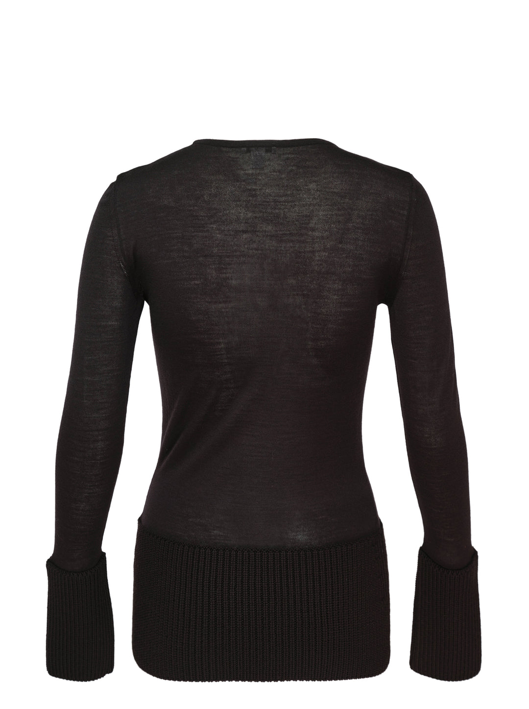 Alaïa long sleeve multi-gauge crew neck top in black sheer fine knit with contrast chunky ribbed hem and oversized turned-back cuffs, front view on white background - view 2