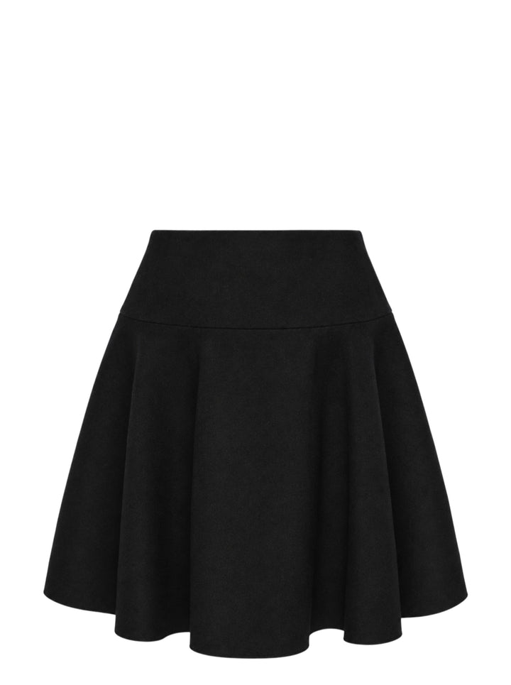 Alaïa light felted wool skater skirt in black, featuring a high wide waistband and full flared circle hem, displayed as a flat product shot on a white background