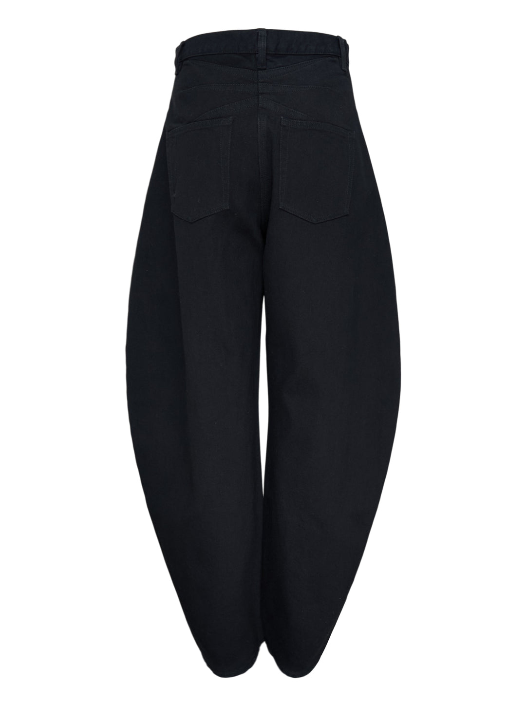 Alaïa black denim round pants with a high waist, five-pocket design and sculpted curved leg, shown from the front - view 2