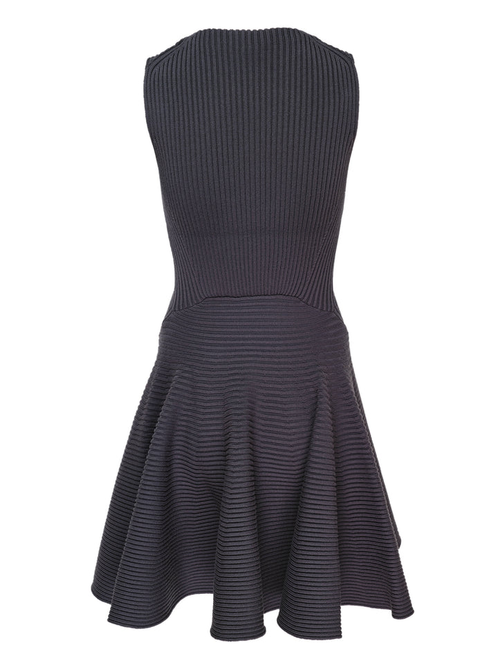 Alaïa Engineered Ribs Skater Dress in charcoal grey, featuring a fitted vertical-ribbed bodice and a flared skirt with geometric horizontal ribbed panels, sleeveless with a round neckline - view 2