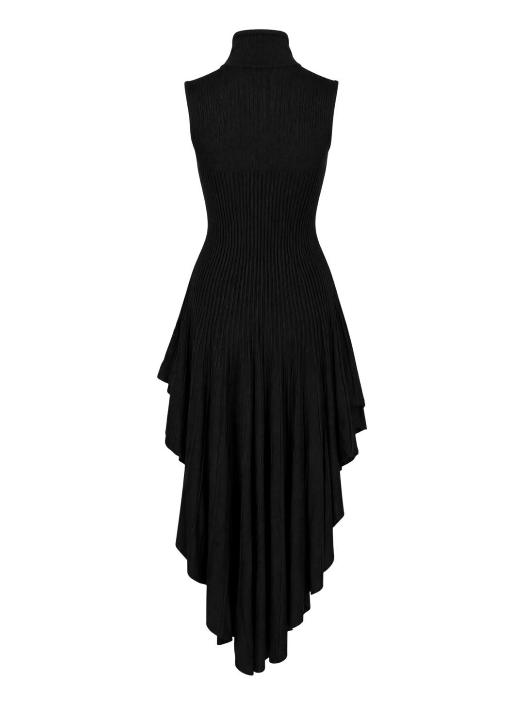 Alaïa black 3D sculpting ribbed knit turtleneck dress with asymmetric pleated handkerchief hem, front view on white background - view 2