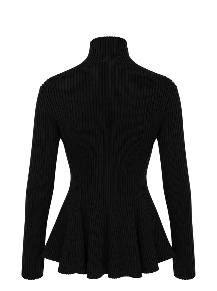 Alaïa Engineered Rib Peplum Cardigan in black with full-length silver zip, high mock neck, and flared peplum hem - view 2