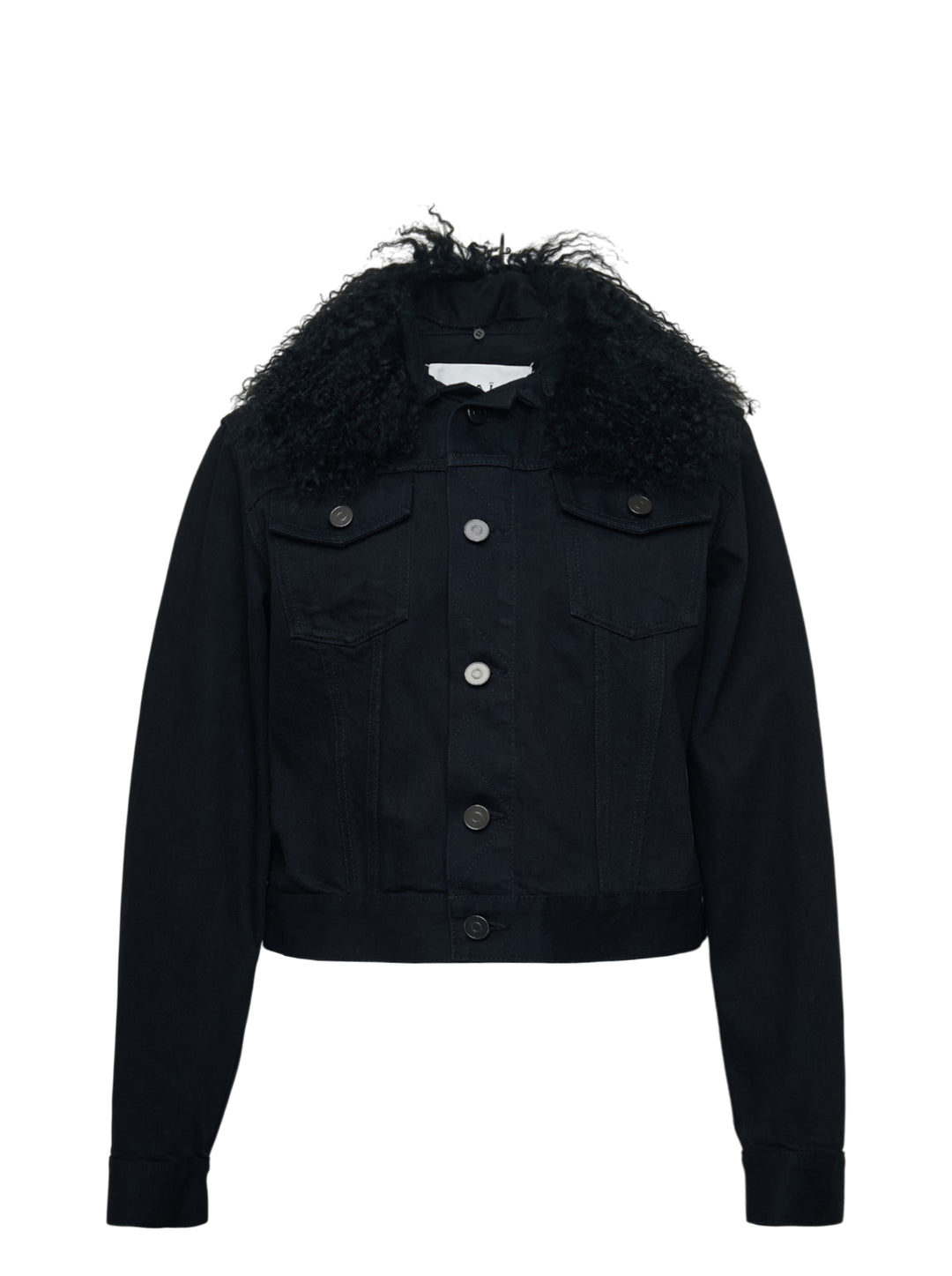Alaïa Black Denim Trucker Jacket with curly black shearling collar, button-through front closure, twin chest flap pockets, and cropped silhouette on white background