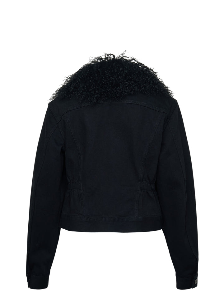 Alaïa Black Denim Trucker Jacket with curly black shearling collar, button-through front closure, twin chest flap pockets, and cropped silhouette on white background - view 2