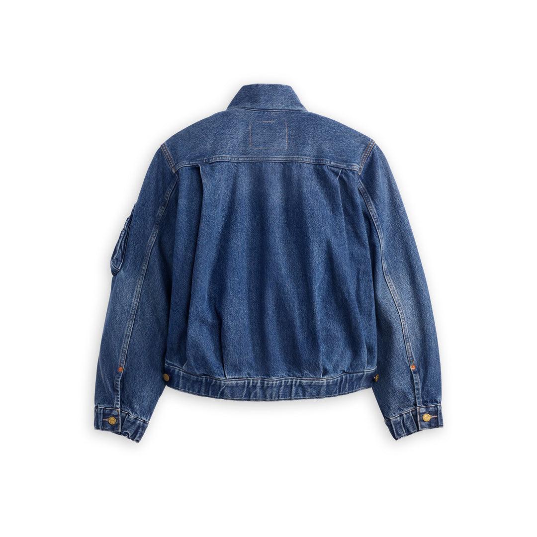 sacai x Levi's women's blue denim blouson jacket with bomber collar, exposed front zip, gold buttons, chest flap pockets and sleeve zip pocket - view 2