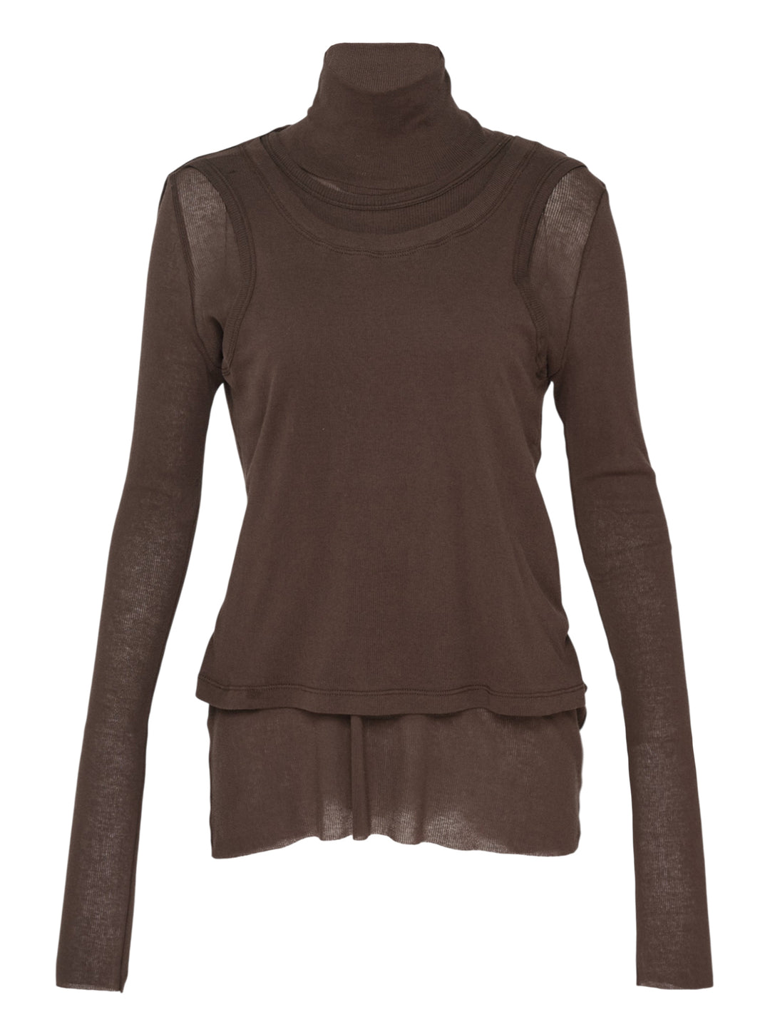 Melitta Baumeister Double Layer Turtleneck Top in dark brown, featuring a sheer long-sleeve base with ribbed turtleneck collar and an opaque sleeveless tank overlay with extended sheer hem