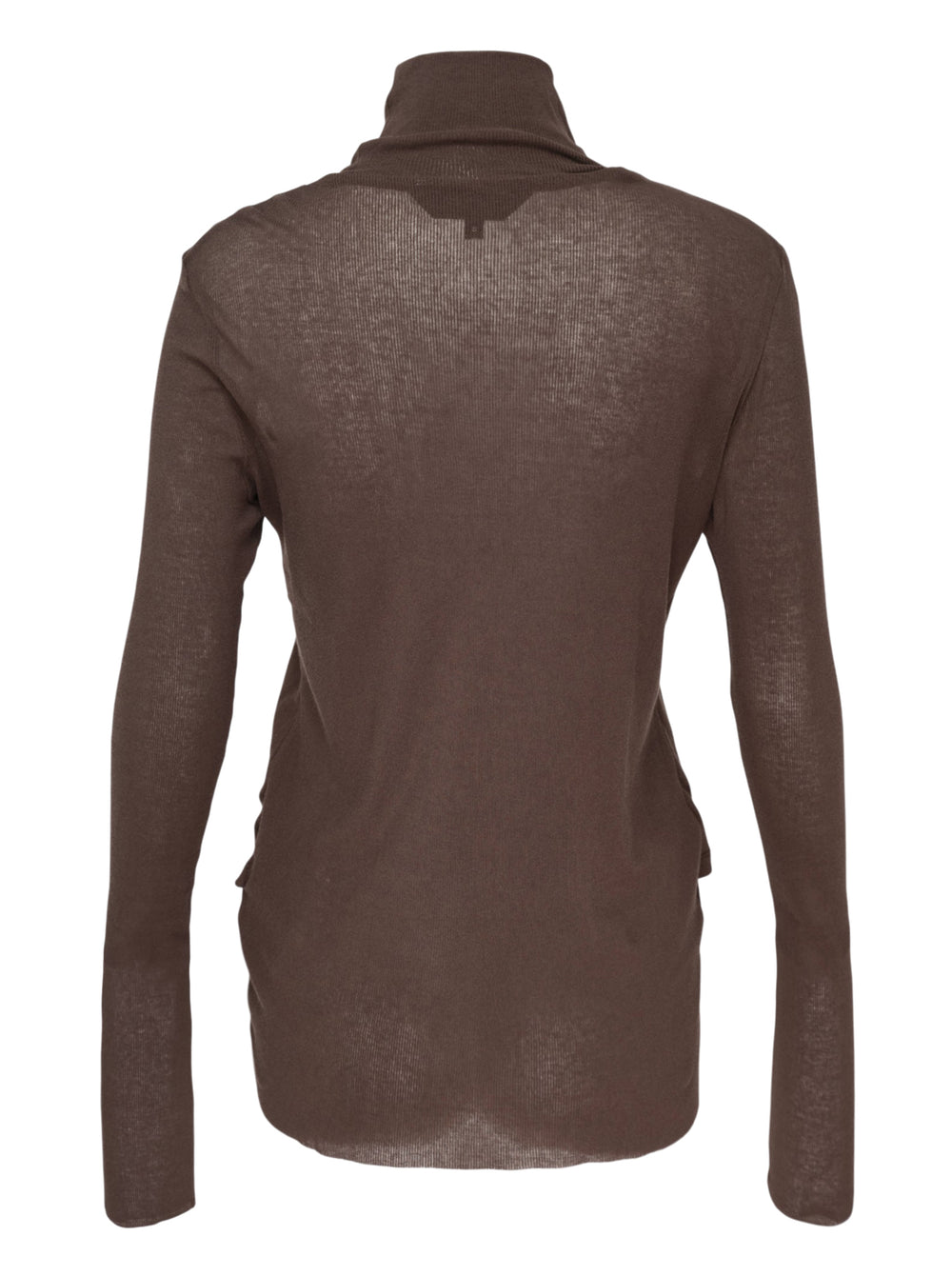Melitta Baumeister Double Layer Turtleneck Top in dark brown, featuring a sheer long-sleeve base with ribbed turtleneck collar and an opaque sleeveless tank overlay with extended sheer hem - view 2