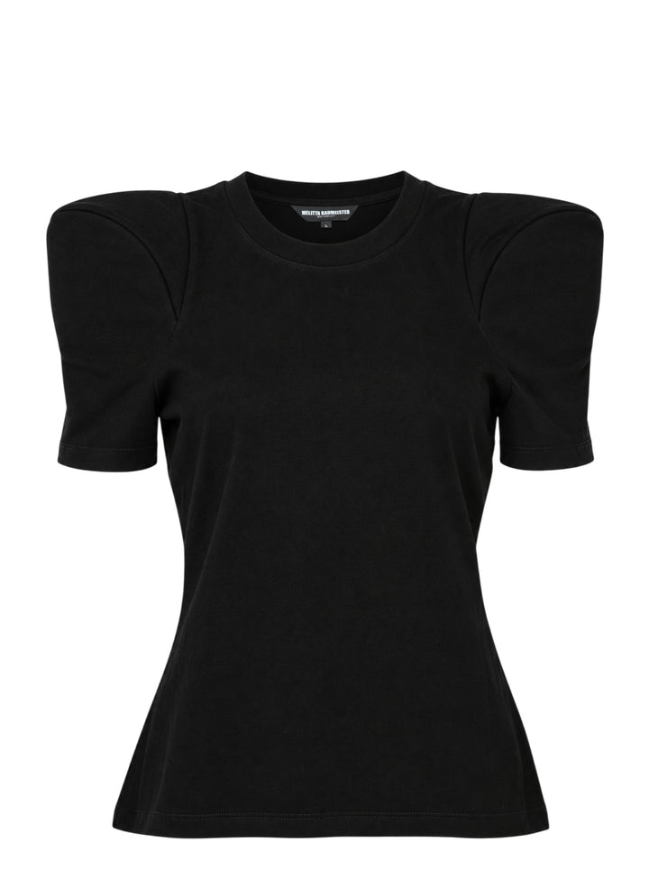 Melitta Baumeister Foamy Shoulder Tee in black, featuring exaggerated sculptural puff shoulders, ribbed crew neckline, and a fitted short-sleeve silhouette, shown on a flat lay against a white background