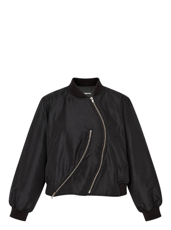 Melitta Baumeister black Round Bomber Jacket with curved asymmetric zip and ribbed collar, cuffs and hem