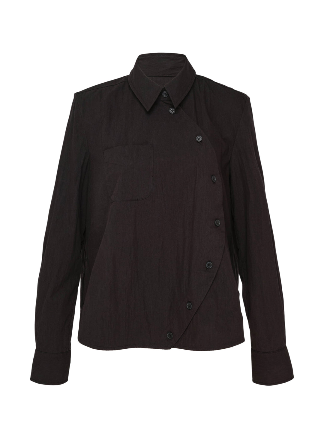 Melitta Baumeister Circle Shirt in black, featuring an asymmetric curved button placket, point collar, chest patch pocket, and structured long sleeves with wide cuffs