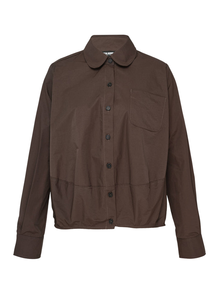 Melitta Baumeister Long Sleeve Cocoon Shirt in chocolate brown with rounded collar, contrast topstitching, chest patch pocket, and gathered elasticated hem band