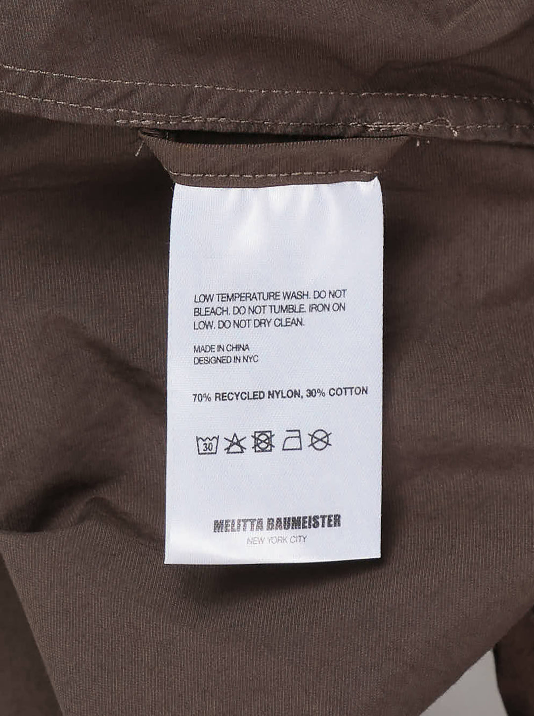 Melitta Baumeister Long Sleeve Cocoon Shirt in chocolate brown with rounded collar, contrast topstitching, chest patch pocket, and gathered elasticated hem band - view 3